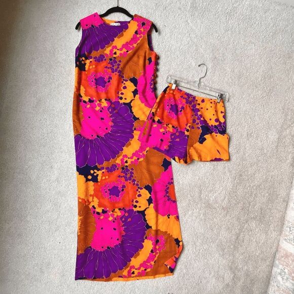 1960s Krist Vibrant Floral Print Dress/Tunic Set, Bold Psychedelic, XS/S - Picture 3 of 16
